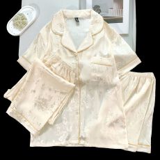 批发冰雪丝带胸垫睡衣三件套女士家居服套装国风轻奢女士睡衣套装