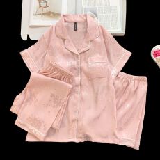 批发冰雪丝带胸垫睡衣三件套女士家居服套装国风轻奢女士睡衣套装