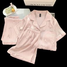 批发冰雪丝带胸垫睡衣三件套女士家居服套装提花蝴蝶轻奢女士套装