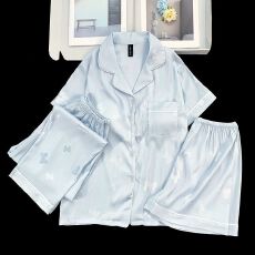 批发冰雪丝带胸垫睡衣三件套女士家居服套装提花蝴蝶轻奢女士套装