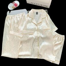 批发冰雪丝带胸垫睡衣三件套女士家居服套装开衫豹纹女士家居服