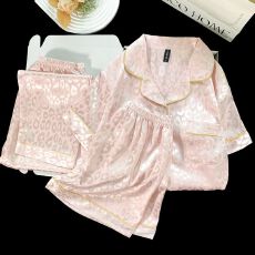 冰雪丝带胸垫睡衣三件套女士家居服套装开衫豹纹女士家居服