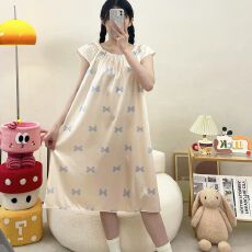 4花型夏季新款女短袖冰丝睡裙宽松圆领中长款裙子