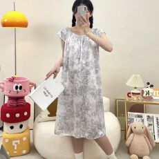 4花型夏季新款女短袖冰丝睡裙宽松圆领中长款裙子