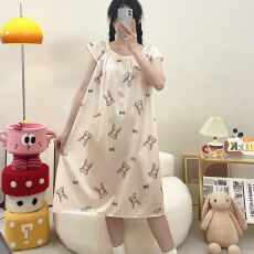 4花型夏季新款女短袖冰丝睡裙宽松圆领中长款裙子