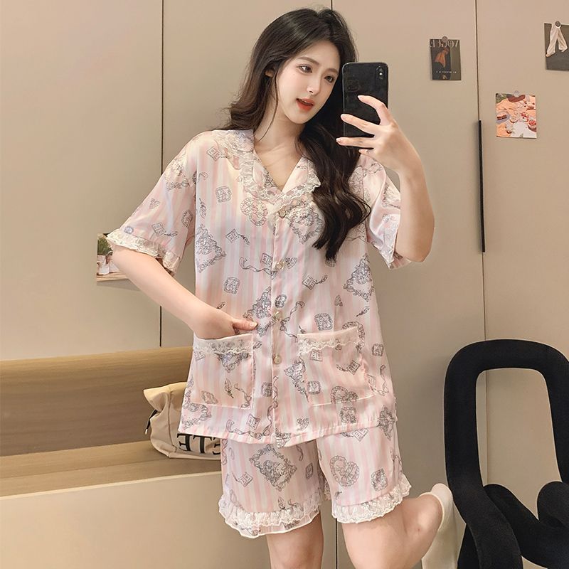 BY33045# 夏季冰丝睡衣女开衫舒适翻领可爱甜美家居服卡通套装直播 服裝批發女裝批發服飾貨源