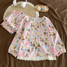 批发利鑫<b class='q'>春</b>秋季儿童长袖花边云朵棉翻领女孩中大童睡衣套装家居服