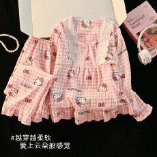 批发利鑫春秋季儿童长袖云朵棉方领女孩<b class='q'>中大</b>童花边睡衣套装家居服