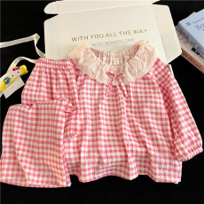 批发【利鑫】春秋季儿童长袖花边云朵棉女孩<b class='q'>中大</b>童可爱睡衣套装家居服