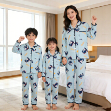 批发利鑫<b class='q'>春</b>秋季儿童长袖6535棉翻领亲子中大童开衫睡衣套装家居服