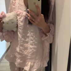 批发韩系温柔风baby淡人色系云朵棉提花睡衣木耳边V领双长家居服套装