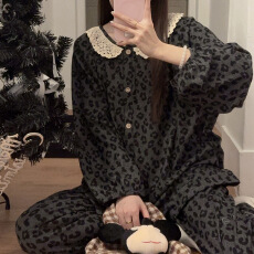 批发爆版德绒开衫花边少女INS韩风简约老钱风豹纹印花双长家居服套装