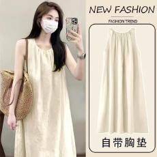 批发26年<b class='q'>春</b>夏新款纯色带一体式胸垫背心云朵棉过膝长裙居家可穿简约款