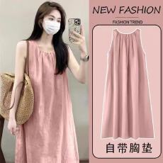 批发26年<b class='q'>春</b>夏新款纯色带一体式胸垫背心云朵棉过膝长裙居家可穿简约款