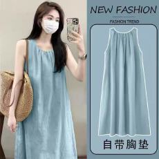 批发26年<b class='q'>春</b>夏新款纯色带一体式胸垫背心云朵棉过膝长裙居家可穿简约款