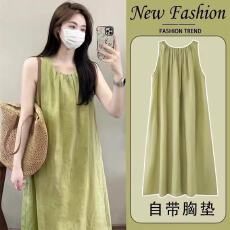 批发26年<b class='q'>春</b>夏新款纯色带一体式胸垫背心云朵棉过膝长裙居家可穿简约款