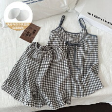 批发清新可爱复古黑格子蓝蝴蝶结点缀夏新款云朵棉带胸垫可调节吊带套