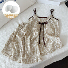 批发复古新中式禅意棕色碎花夏季新款云朵棉带胸垫可调节吊带套装