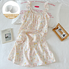 批发缤纷夏日童趣带一体式胸垫小飞袖大U领清凉少女韩系中长裙家居服