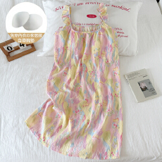 批发缤纷夏日童趣带一体式胸垫小飞袖大U领清凉少女韩系中长裙家居服