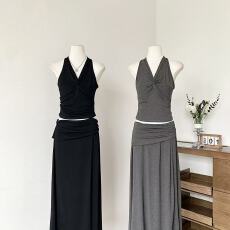 批发韩系夏季扭结褶皱复古上衣背心拼接套装<b class='q'>无袖</b>半身裙大摆