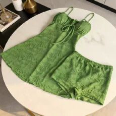 批发原版面料肩带可调节+配短裤】复古度假吊带连衣裙女夏季绿色a短裙
