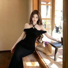 批发性感荡领气质女人味鱼尾<b class='q'>长裙</b>风情万种收腰显瘦法式名媛挂脖连衣裙