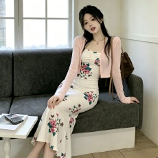 批发原版胸垫夏新款御姐风碎花<b class='q'>抹胸</b><b class='q'>连衣裙</b>修身显瘦鱼尾长裙套装