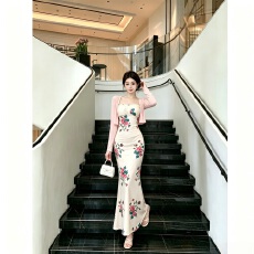 批发原版胸垫夏<b class='q'>新款</b>御姐风碎花抹胸连衣裙修身显瘦鱼尾长裙套装