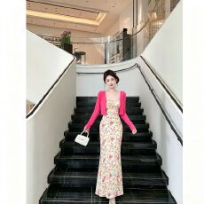 批发原版胸垫夏新款御姐风碎花抹胸连衣裙修身显瘦鱼尾长裙套装