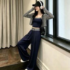 批发原版三件套  爆款简约早秋新款条纹套装时尚开衫辣妹休闲百搭吊带