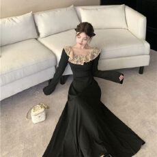 批发春秋法式赫本风黑色长袖连衣裙大码胖mm收腰显瘦气质晚会<b class='q'>礼服</b><b class='q'>长裙</b>