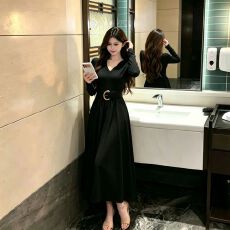批发法式复古性感风V领<b class='q'>长袖</b><b class='q'>连衣</b>裙女秋季收腰显瘦美拉德风<b class='q'>长裙</b>配腰带