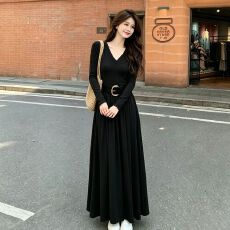批发法式轻奢风v领长袖连衣裙女秋季收腰配腰带大摆<b class='q'>长裙</b>气质显瘦a字裙