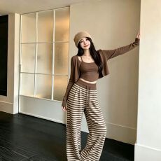 纯欲风休闲套装女2026秋新款条纹三件套时尚设计感开衫上衣阔腿裤