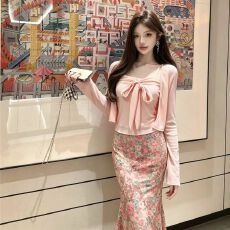 批发高级韩版女温柔新款外套粉色吊带背心三件套上衣扭结开衫抹胸套装