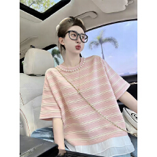 批发特价【原版条纹70棉】特<b class='q'>大码</b>300斤中长款钉珠假两件短袖t恤女