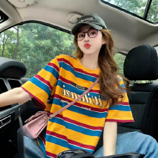 批发特价【95棉色织条+领索罗纳+包边拉肩】特<b class='q'>大码</b>300斤条纹短袖t恤