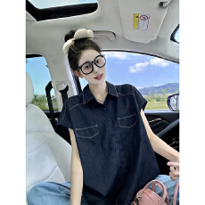 批发特价  特大码260斤前短后长口袋polo领小飞袖<b class='q'>牛仔</b><b class='q'>衬衫</b>中长款