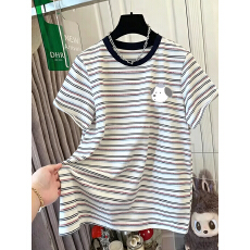 批发特价【棉色织条+领索罗<b class='q'>纳</b>+后包边】特大码300斤条纹印花短袖t恤女