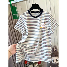 批发特价【棉色织条+领索罗<b class='q'>纳</b>+后包边】特大码300斤条纹印花短袖t恤女