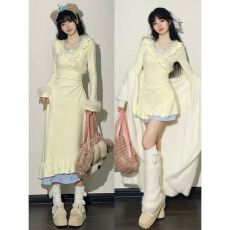 批发纯欲<b class='q'>日系</b>甜美短裙收腰显瘦设计感毛毛拼接V领假两件<b class='q'>连衣裙</b>女冬季