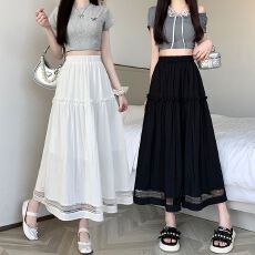 批发韩版镂空蕾丝拼接半身裙女夏季2025新款松紧高腰a字气质大摆裙女