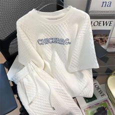 批发大码女装2-300斤美式复古学院风华夫格T恤<b class='q'>套装</b>宽松运动<b class='q'>休闲</b>两件套