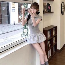 批发撞色拼接<b class='q'>假两件</b>长袖<b class='q'>连衣裙</b>女夏季polo领修身裙子甜美收腰花苞短裙