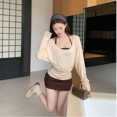 批发法式慵懒套装女<b class='q'>秋</b>季休闲罩衫T恤内搭吊带上衣纯欲包臀短裙两件套