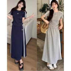 批发休闲慵懒高腰显瘦<b class='q'>夏</b>季运动三条杠T恤时尚中长半身裙短袖两件套装