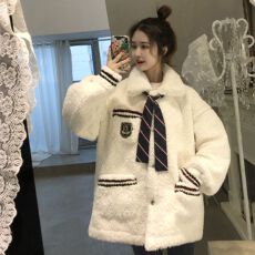 送领带仿羊羔毛外套女2026冬季新款学院风卫衣加厚宽松棉衣棉服