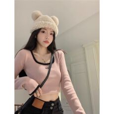 批发抖音质量 辣妹方领软糯打底衫女秋季<b class='q'>韩版</b>修身显瘦短款长袖上衣