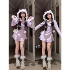 批发紫色毛茸茸连帽<b class='q'>长袖</b><b class='q'>连衣</b>裙女装早秋新款纯欲甜辣收腰a字裙短裙子